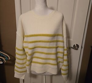 Cream and Lime Green Striped Women's Crewneck Crop Sweater